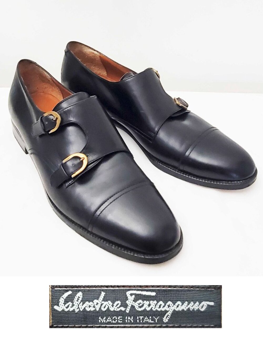 Salvatore Ferragamo Mens Cap Toe Double Monkstrap Black Leather Loafers Shoes 9D